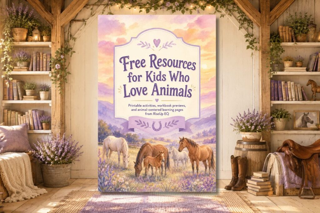 Free Resources for Kids Who Love Animals feature image with animal-centered resource cover in a warm barn setting.