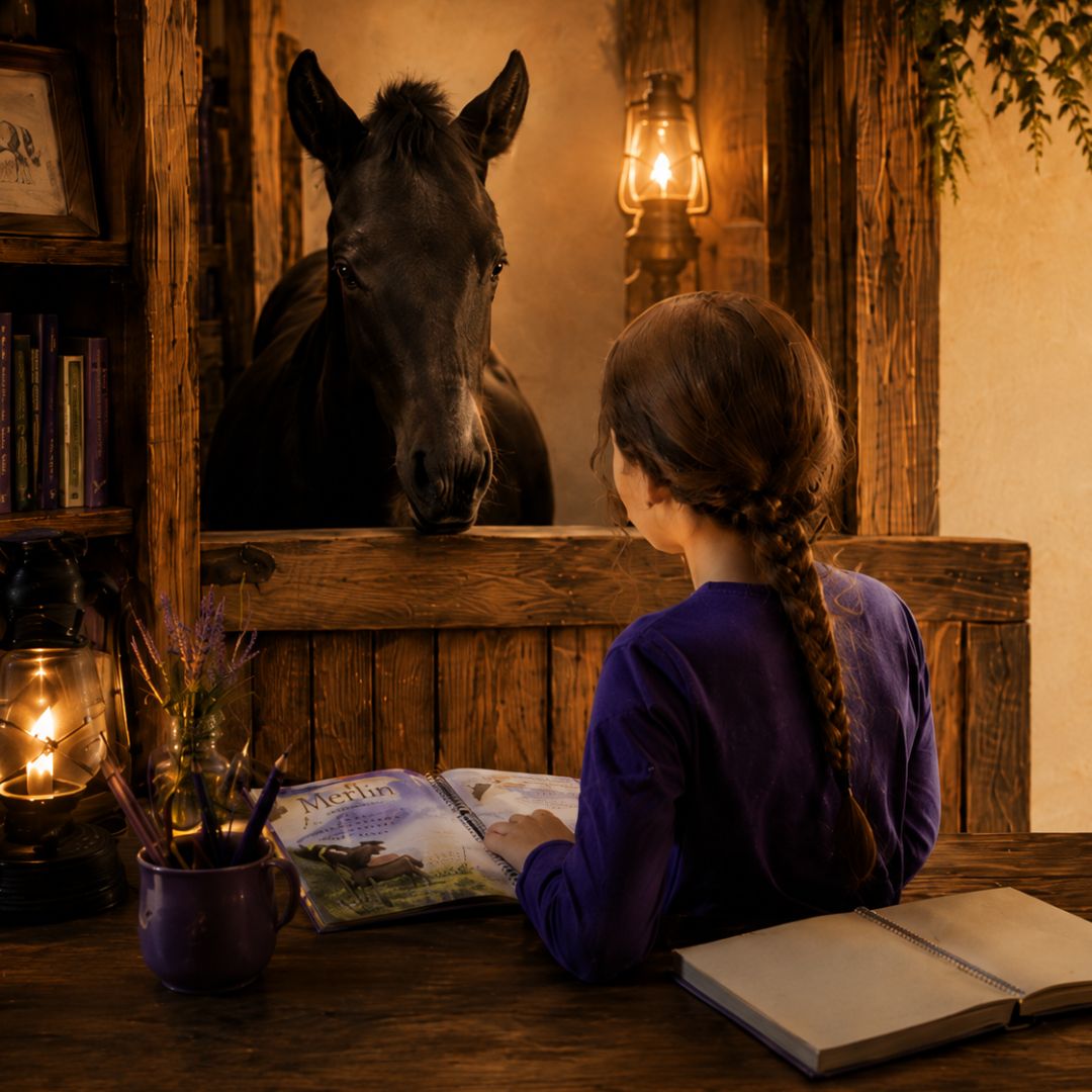 Child reading a Merlin workbook while a young horse looks in from a stall.