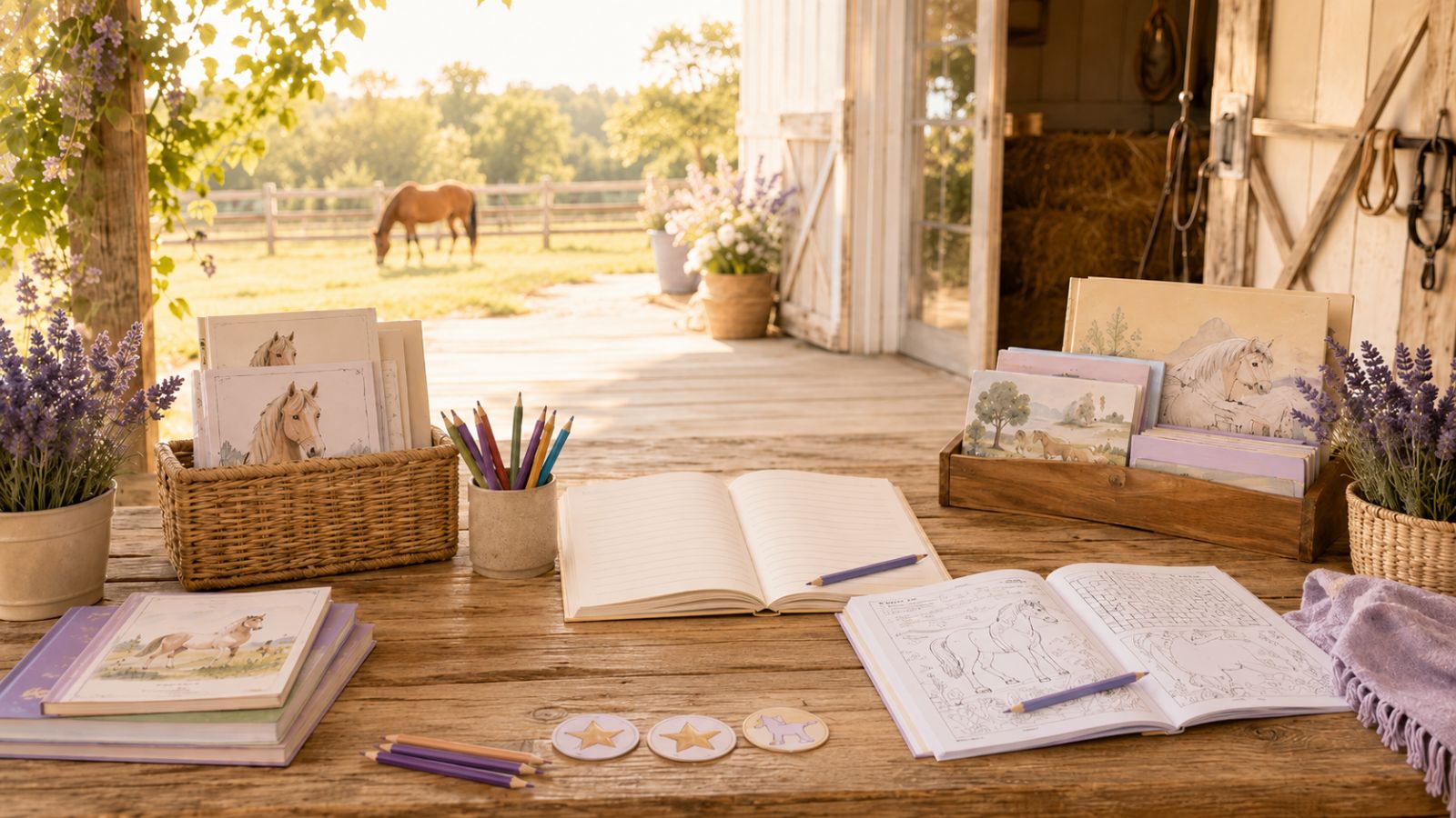 Outdoor barn learning scene with books, printables, coloring pages, pencils, and a horse in the background.
