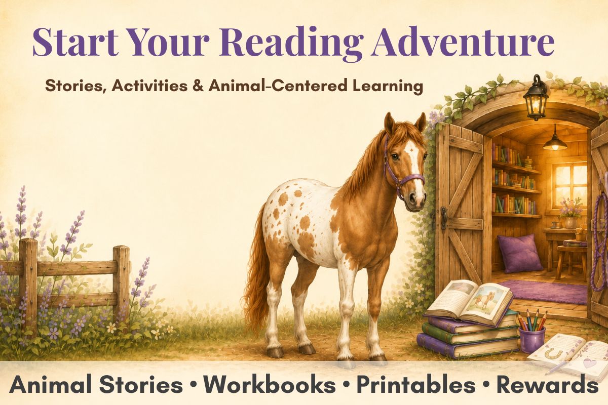 join-free-reading-club-homepage-card-v1-final Spotted horse beside a warm barn library with books and the words “Start Your Reading Adventure.”