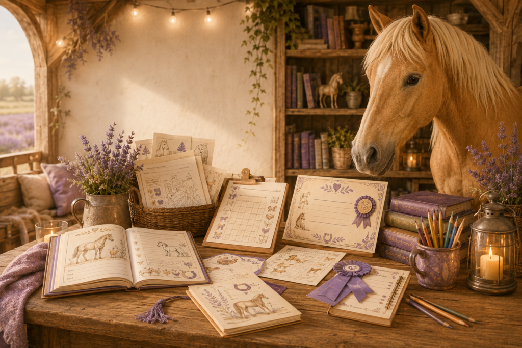 Warm barn-library scene with a calm horse, printable animal activities, workbook pages, reading rewards, and creative learning materials for families.