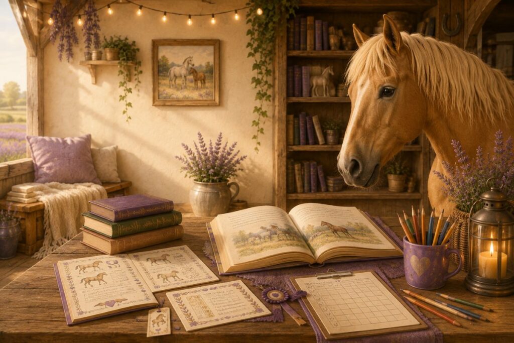 Warm barn-library scene with a calm horse, books, printable learning pages, and creative activities that illustrate story-based animal learning.